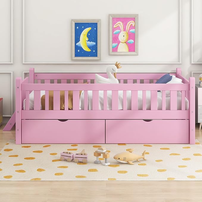 Merax Wood Twin Size Platform Bed with Guardrail and 2 Drawers, Kids Bed Frame with Stairs, Pink