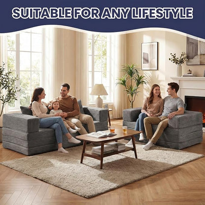 Convertible Sofa Bed, 4-in-1 Boneless Loveseat with Removable Armrests Backrest, Corduroy Futon Couch Bed with Pillow, Foldable Mattress Sleeper Sofa for Living Room Bedroom Small Place (Grey)