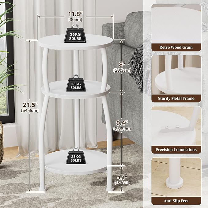 Small Round Side Table, 3-Tier End Table with Storage Shelf, Slim Sofa Table Coffee Table, Sturdy & Easy Assemble Nightstand for Small Spaces, Living Room Bedroom Corner, White