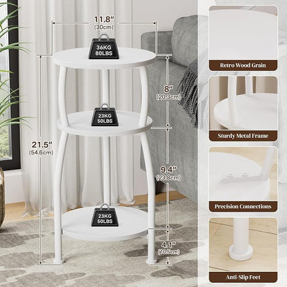 Small Round Side Table, 3-Tier End Table with Storage Shelf, Slim Sofa Table Coffee Table, Sturdy & Easy Assemble Nightstand for Small Spaces, Living Room Bedroom Corner, White