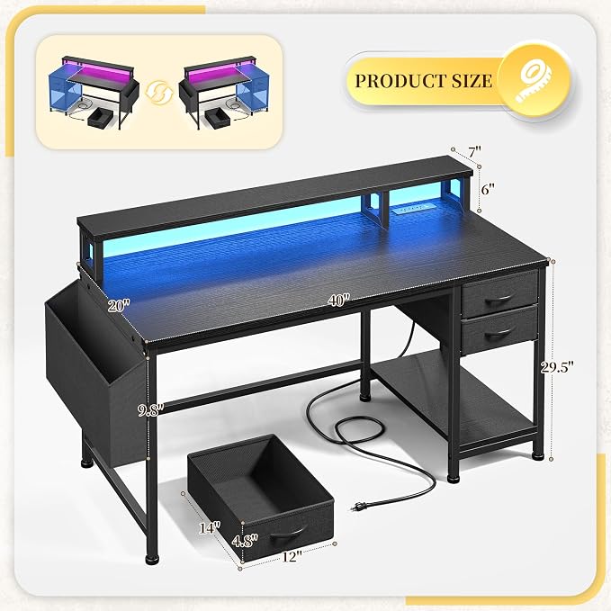 DurayLoly 40" Small Gaming Desk with RGB Lights & Outlets for Teens | Wireless Remote Full-Color Strip, Various Lighting Modes, Level Up Teens Gaming Vibe or Study for Protect Eyes In Bedroom