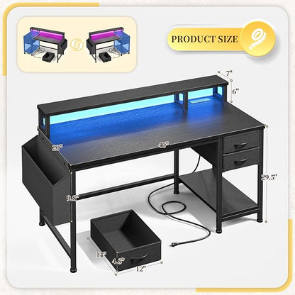DurayLoly 40" Small Gaming Desk with RGB Lights & Outlets for Teens | Wireless Remote Full-Color Strip, Various Lighting Modes, Level Up Teens Gaming Vibe or Study for Protect Eyes In Bedroom