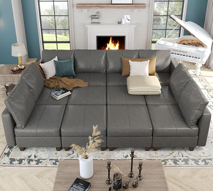 EASE MOOSE Oversized Modular Sectional Sleeper Sofa with Storage, Faux Leather sectional Sofa Large Modular Sofa Couch Sleeper for Living Room,Grey