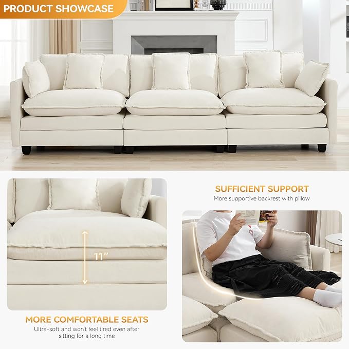 111'' Sectional Cloud Deep Seat Couch, Modern Comfy Chenille Modular Sectional Sofa for Living Room Set, Upholstered Modular 3-Seats Sofa Couch, Beige