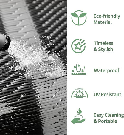 GENIMO Outdoor Rug for Patio Clearance - 8x10 ft Waterproof Plastic Camping Rugs, Reversible Outside Rv Mat Carpet for Porch, Deck, Picnic, Balcony, Beach, Backyard, Black Grey
