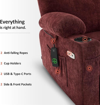 MCombo Power Lift Recliner Chair for Elderly, Lift Chair with Heat and Massage, USB&Type C Ports, Extended Footrest, Cup Holders, Fabric 7040 (Medium, Sangria)