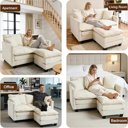 50'' L-Shape Loveseat Sofa with 22" Ottoman, 2 Seat Modern Cloud Couch with 2 Washable Pillows for Small Space Apartment Office Living Room Bedroom, Beige