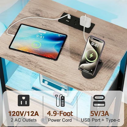 LOAKEKEL Nightstand with Charging Station, End Table with Fabric Drawer, LED Night Stand for Bedroom, Small Bed Side Table with USB Ports and Outlets, Grey, HETS01GY-1