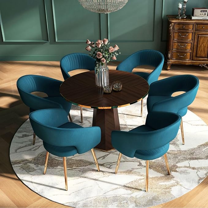Hyfirm Teal Velvet Dining Chairs Set of 6, Modern Gold Legs Dining Room Chairs with Hollow Back, Upholstered Accent Kitchen Chairs for Living Room/Reception/Restaurant