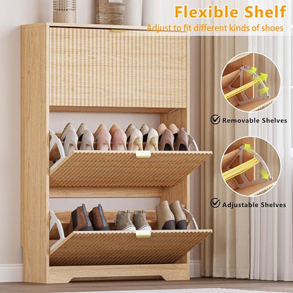 BORNOON Entryway Shoe Cabinet with 3 Flip Drawers, Narrow Shoe Organizer Cabinet with Fluted Panel and Adjustable Shelves for Foyer, Hallway
