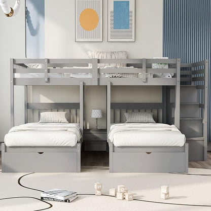 VilroCaz Upgraded Version Full Over Twin & Twin Bunk Bed, Solid Wood Triple Bunk Bed with Storage Drawers and Staircase, Strong Sturdy Bunk Bed Frame with Guardrails for Kids Teens Aldults (Gray-U)