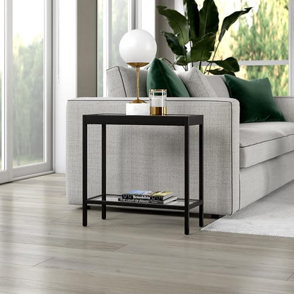 Henn&Hart 24" Wide Rectangular Rectangular Side Table in Blackened Bronze, Table for Living Room, Bedroom | Two-tiered glass shelves with a metal frame, offering open display space for living rooms, offices, or bedrooms