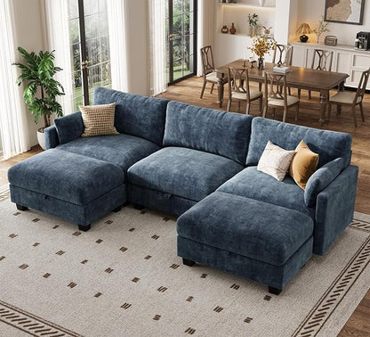 Modular Sectional U Shaped Sofa Couches for Living Room, Cloud Couch with Storage Ottoman, Comfy Chenille Sofa with Pillow, Blue