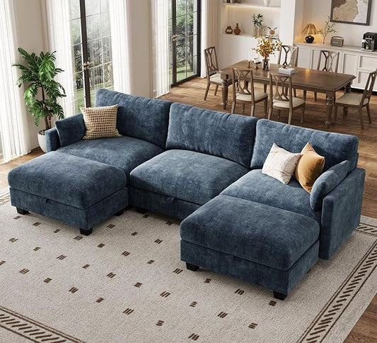 Modular Sectional U Shaped Sofa Couches for Living Room, Cloud Couch with Storage Ottoman, Comfy Chenille Sofa with Pillow, Blue