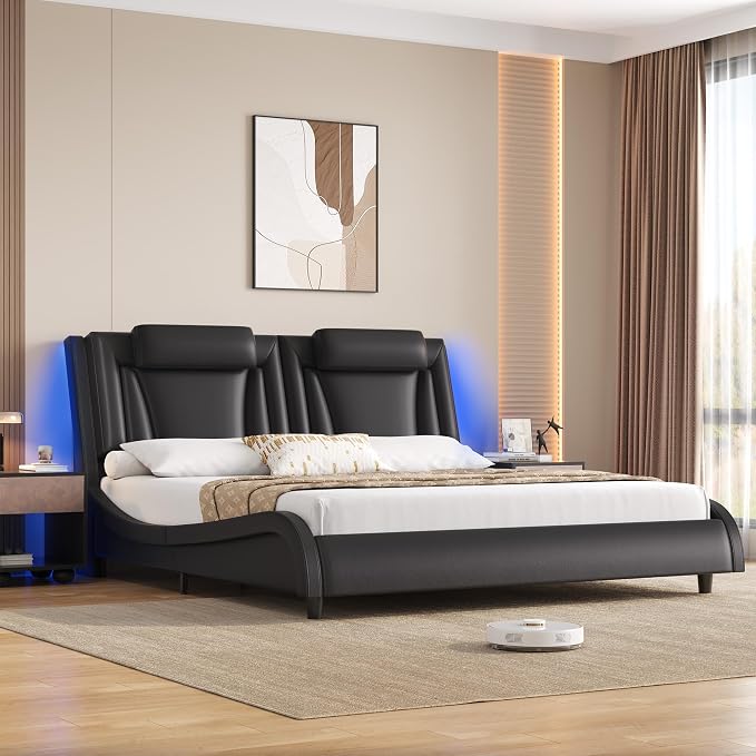 Keyluv Queen Size LED Bed Frame with Adjustable Headboard & Wave-Like Curve Safety Design, PU Leather Upholstered Platform Bed, Solid Wooden Slats Support, Easy Assembly, Black