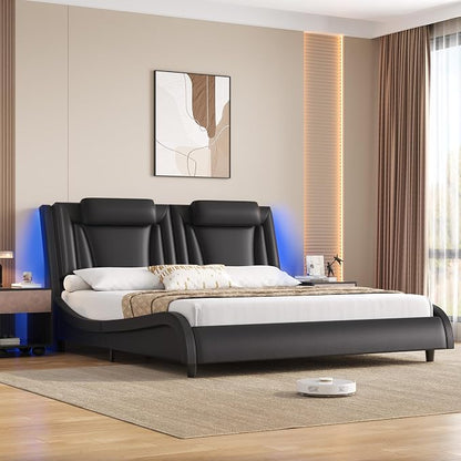 Keyluv Queen Size LED Bed Frame with Adjustable Headboard & Wave-Like Curve Safety Design, PU Leather Upholstered Platform Bed, Solid Wooden Slats Support, Easy Assembly, Black