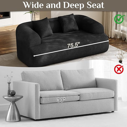 Half Moon Curved Sectional Sofa with 2 Throw Pillows, Modern Style 2-Seater Chenille Leisure Couch with Curved Backrest, Easy Assembly, for Apartment, Living Room, Bedroom, Black （76 inch）