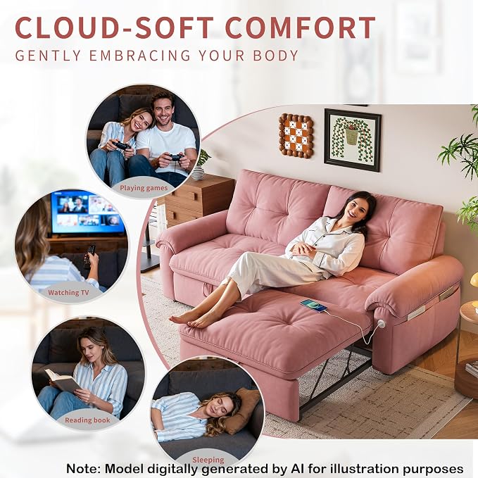 77.2'' Pull Out Couch Full Size, Pre-Assembled Sleeper Sofa Bed, Flannel Convertible Futon Sofa Bed with Adjustable Backrest, USB, Side Pockets, Loveseat for Living Room, Apartment, Pink
