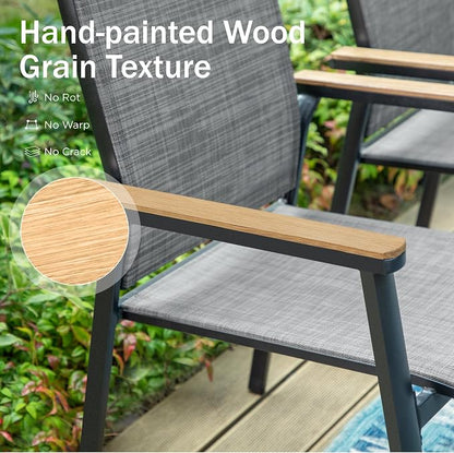 PHI VILLA 5 PCS Patio Dining Set, 4 Outdoor Aluminum Stackable Sling Chairs with Armrest & 1 Square Metal Dining Table (1.57" Umbrella Hole), Patio Table Chair Furniture Set for Deck Lawn Garden