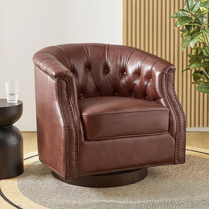 HULALA HOME Genuine Leather Swivel Accent Chair, Swivel Rocker Barrel Chair, Traditional Chesterfield Armchair with Button-Tufted Design, No Assembly Required, Brown