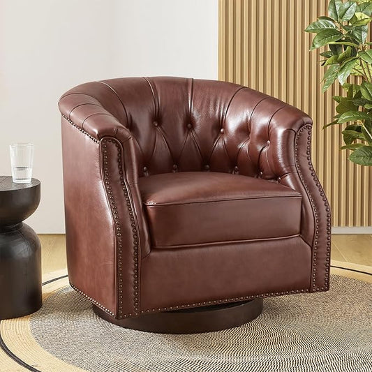 HULALA HOME Genuine Leather Swivel Accent Chair, Swivel Rocker Barrel Chair, Traditional Chesterfield Armchair with Button-Tufted Design, No Assembly Required, Brown
