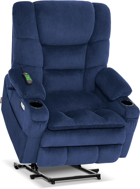 MCombo Big Man Power Lay Flat Lift Chair, Triple Motor Power Lift Recliner with Massage & Dual Heating, Adjustable Headrest, Fabric R7635 (Navy Blue, Large-Wide)
