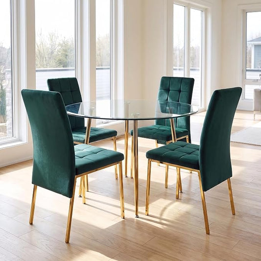 NORDICANA Upholstered Velvet Dining Chairs Classic Kitchen High Back Chairs Set of 4, Featured Dovetail Tufted Side Chairs, Golden Color Metal Legs, Forest Green