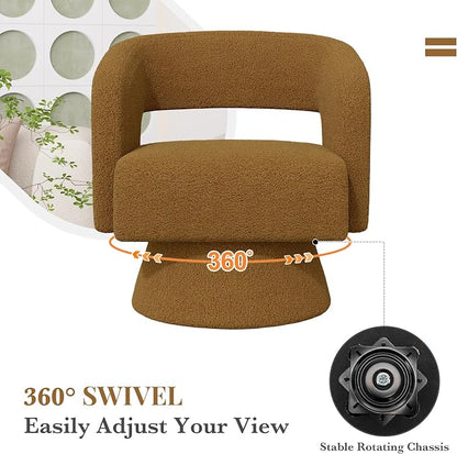 Luxanimarion Swivel Barrel Accent Chair,Oversized Teddy Upholstered Round Swivel Chair,Modern Luxury 360 Degree Living Room Vanity Chair for Bedroom Office,Brown,1PCS
