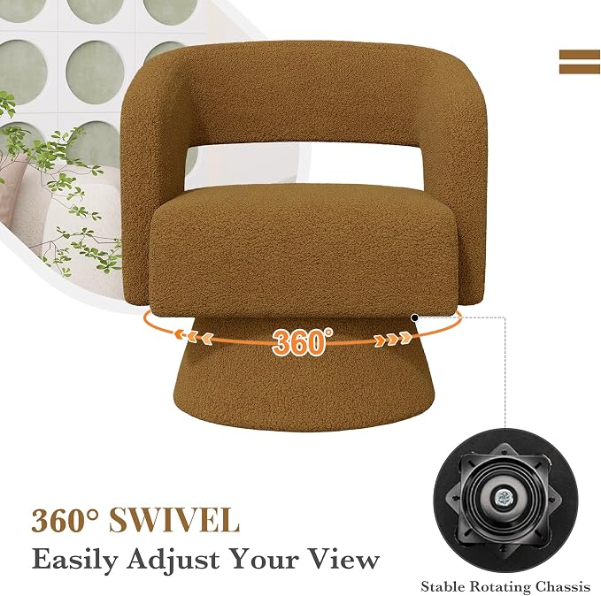 Luxanimarion Swivel Barrel Accent Chair,Oversized Teddy Upholstered Round Swivel Chair,Modern Luxury 360 Degree Living Room Vanity Chair for Bedroom Office,Brown,4PCS