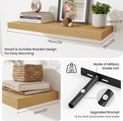 Fun Memories Floating Shelves for Wall, 30 Inch Long Floating Shelves Set of 2, 30 x 10 Wooden Shelves for Wall, Large Storage Shelves, Hanging Shelves for Bathroom Kitchen Bedroom, Oak