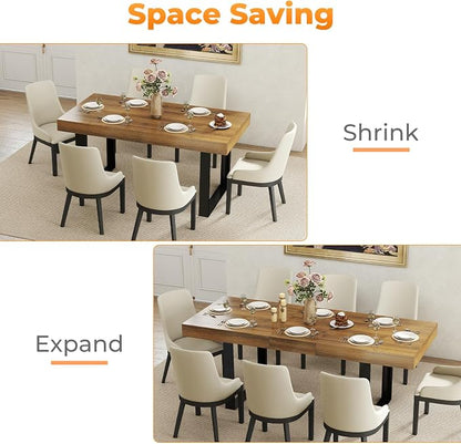 Zevemomo 63"-78.7" Expandable Dining Table, 6-8 Extendable Dining Table, Rectangle Conference Table, Farmhouse Kitchen Table with Slide Track, Tapered U-Shaped Wood Legs for Office, Living Room-Brown