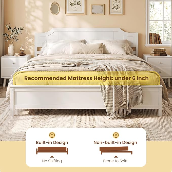 Giantex King Size Wooden Bed Frame with Headboard, Wood Slat Support | Farmhouse Platform Bed with Heavy Duty Mattress Foundation, Under-Bed Storage, No Box Spring Needed, Easy Assembly (White)
