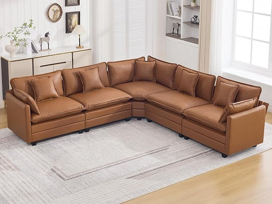 137'' V Shaped Cloud Sectional Sofa, Oversized Deep Seat Leather Couches for Living Room, Comfy Upholstered Modular Sectional Sofa Couch, Leather Light Brown
