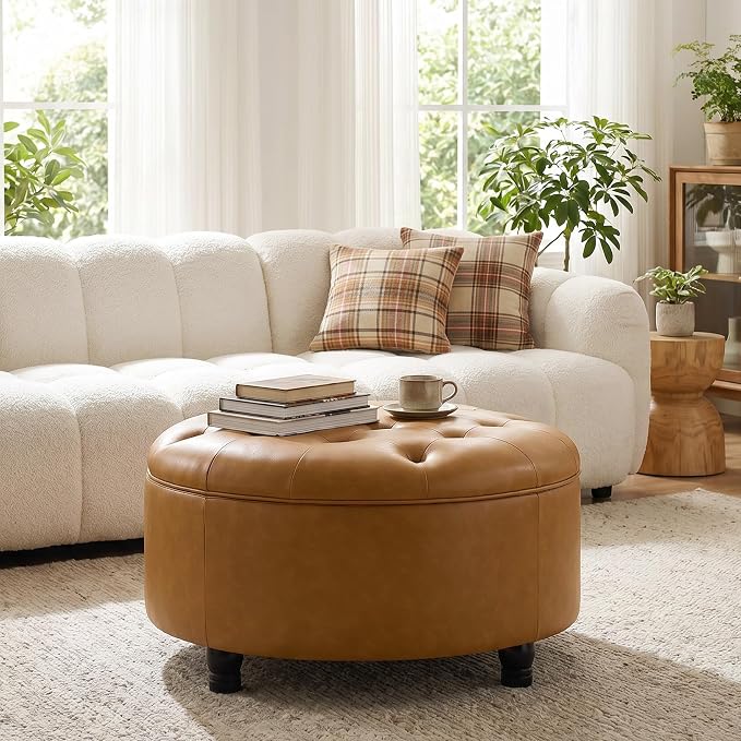 30-Inch Round Storage Ottoman, Button Tufted Ottoman Coffee Table with Removable Top for Living Room, Bedroom, Office (Bright Orange)