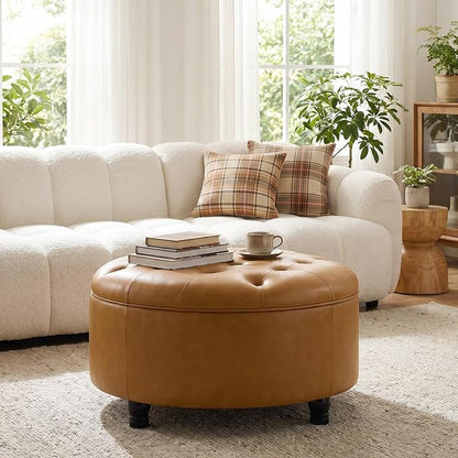 30-Inch Round Storage Ottoman, Button Tufted Ottoman Coffee Table with Removable Top for Living Room, Bedroom, Office (Bright Orange)