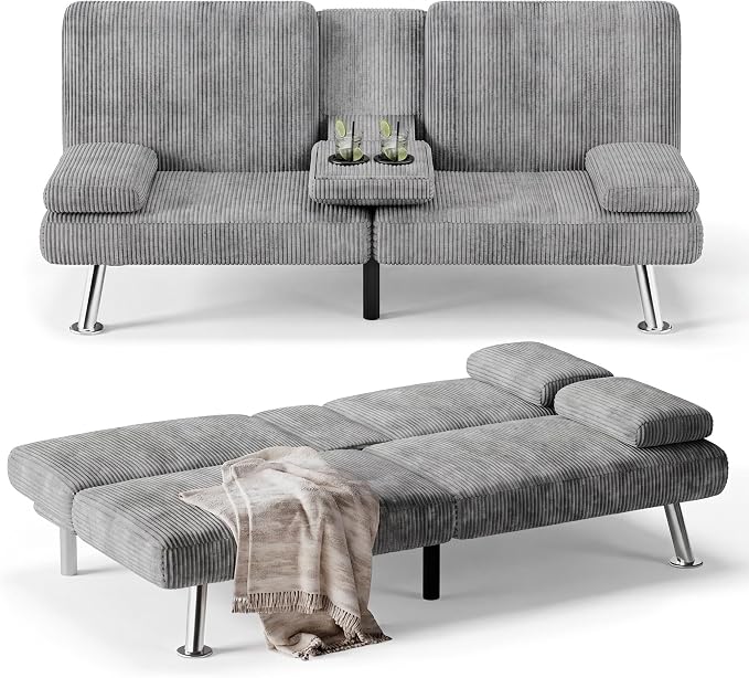 Flamaker Futon Sofa Bed Modern Folding Futon Set Convertible Recliner Lounge for Living Room with 2 Cup Holders, Removable Armrests (Corduroy, Marble Grey)