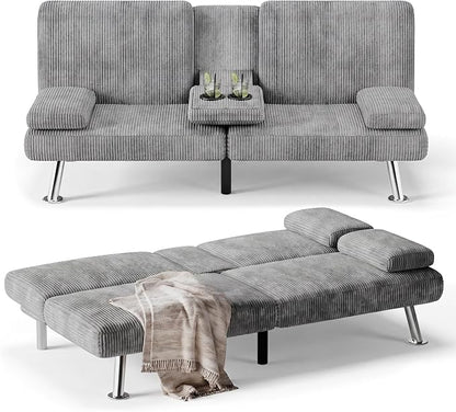 Flamaker Futon Sofa Bed Modern Folding Futon Set Convertible Recliner Lounge for Living Room with 2 Cup Holders, Removable Armrests (Corduroy, Marble Grey)