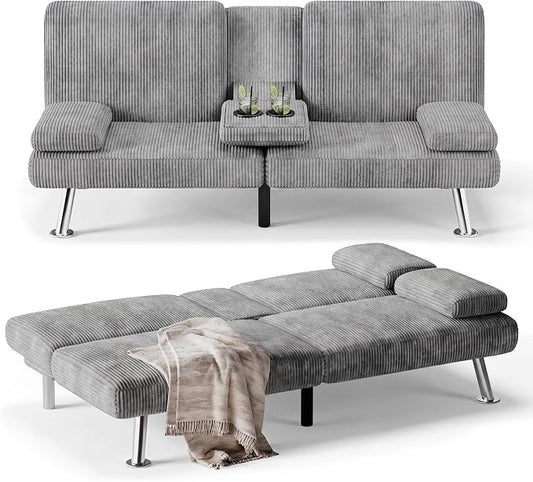 Flamaker Futon Sofa Bed Modern Folding Futon Set Convertible Recliner Lounge for Living Room with 2 Cup Holders, Removable Armrests (Corduroy, Marble Grey)