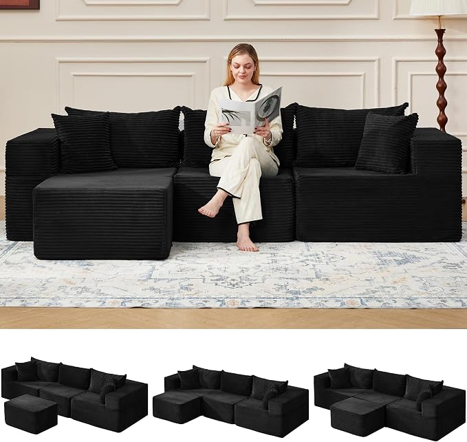 HOMREST 102" Cloud Couch Sectional, L Shaped Modern Sofa with Ottoman, Comfy Corduroy Fabric Modular Sectional Sofa in a Box, Boneless Couches for Living Room, No Assembly Required (Black)