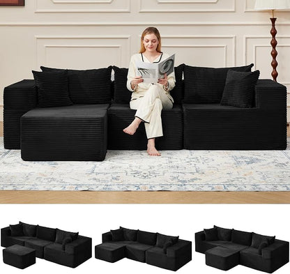 HOMREST 102" Cloud Couch Sectional, L Shaped Modern Sofa with Ottoman, Comfy Corduroy Fabric Modular Sectional Sofa in a Box, Boneless Couches for Living Room, No Assembly Required (Black)