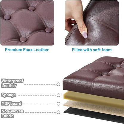 Bsketa Storage Ottoman Foot Rest Stool, Small Leather Storage Ottomans Bench, Folding Footstool with Side Pockets, Foot Rest Under Desk for Living Room Bedroom, 16x12x12 in, Brown