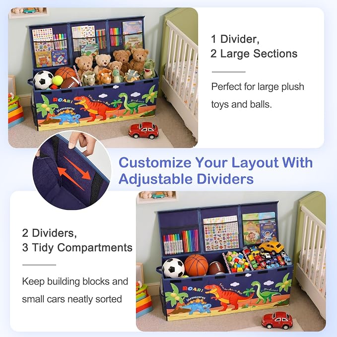 Unicorn Castle Toy Box with Adjustable Divider Toy Chest Storage Large Toy Storage Organizer Bin Collapsible with Lid Pockets for Nursery Playroom,Dark Blue Dinosaur