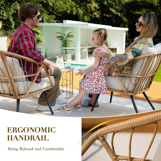 Patio Sofa, PE Rattan Wicker Loveseat, 2 Seater Outdoor Couch with 4.7" Thick Cushions, Outdoor Furniture for Garden Balcony Deck Porch or Backyard, Beige