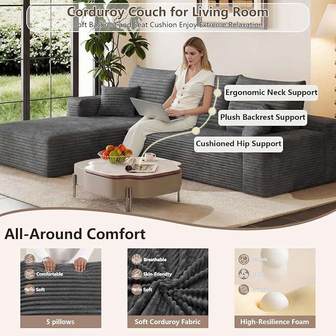 95" Cloud Sectional Couch with L-Shape Chaise, Modular Comfy Sofa Chaise Longue, Upholstered Corduroy Couches Sleeper with Deep Seat for Living Room Bedroom, No Assembly Required(Grey, Left Facing)
