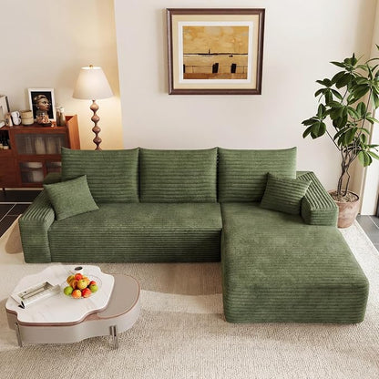 95" Cloud Sectional Couch with L-Shape Chaise, Modular Comfy Sofa Chaise Longue, Upholstered Corduroy Couches Sleeper with Deep Seat for Living Room Bedroom, No Assembly Required(Green, Right Facing)