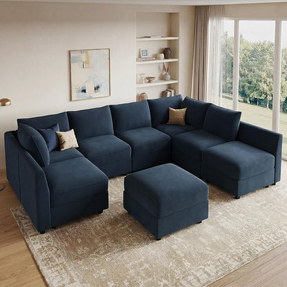 HONBAY Oversized Modular Sectional Sofa with Storage U Shape Sectional Sofa Set Velvet Sectional Couches for Living Room,Dark Blue