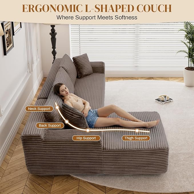 95" L Shaped Boneless Sectional Couches, Wide Armrest, Deep Seat, Memory Foam, Assembly Free, Modern Comfy Corduroy Fluffy Cloud Sofa with Right Chaise for Living Room, Small Spaces, Brown