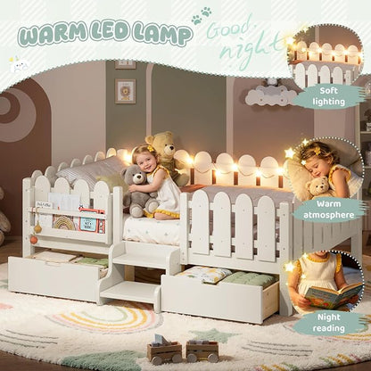 Bellemave Full Kids Montessori Bed with Stairs, Bookshelf and LED Lights, Solid Wood Kids Bed Frame with Storage Drawers for Boys Girls, Low Profile,Beige