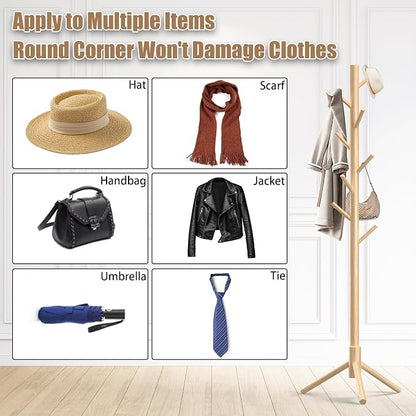 Aliphon Wooden Coat Rack Stand, Freestanding Coat Rack with 8 Hooks, 3 Adjustable Size Coat Tree for Hats, Coats, Scarves bags, Coat Hanger Stand Used in Bedroom/Office/Entryway (Natural)