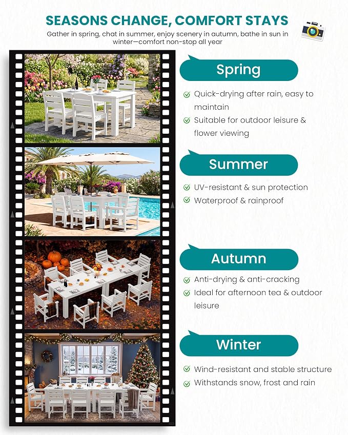 SERWALL HDPE Dining Set for 8: 2 Umbrella Hole Tables + 8 Chairs. for Garden, Backyard, Poolside. White
